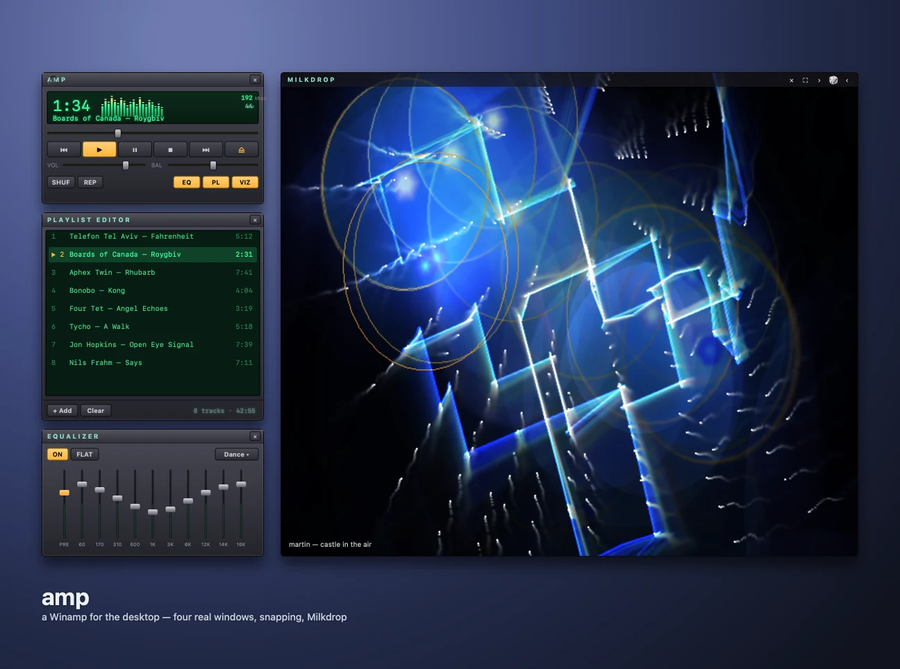 amp — player, playlist, EQ and a visualizer, each in its own window