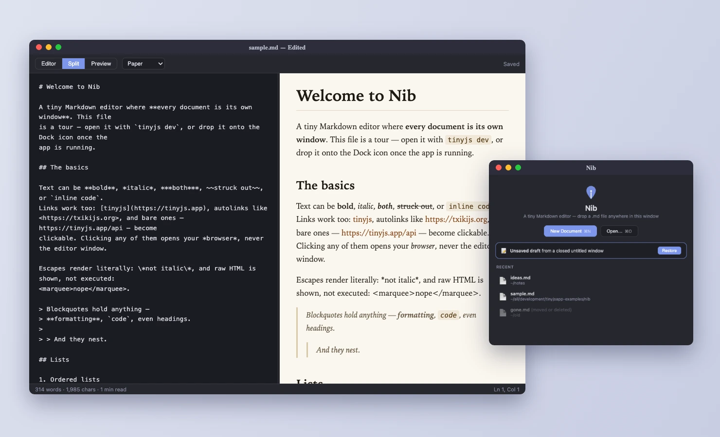 Nib — a Markdown editor with an editor and preview split