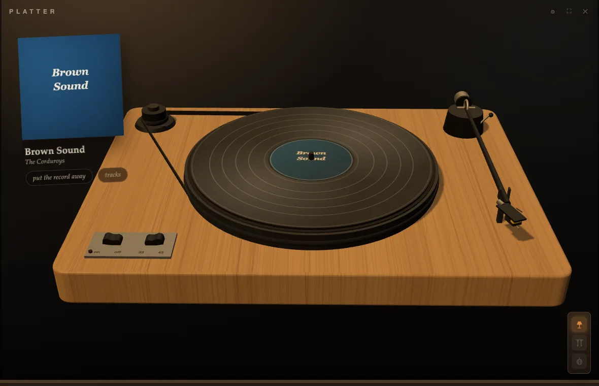 Platter — an album spinning, with its cover art and side listing