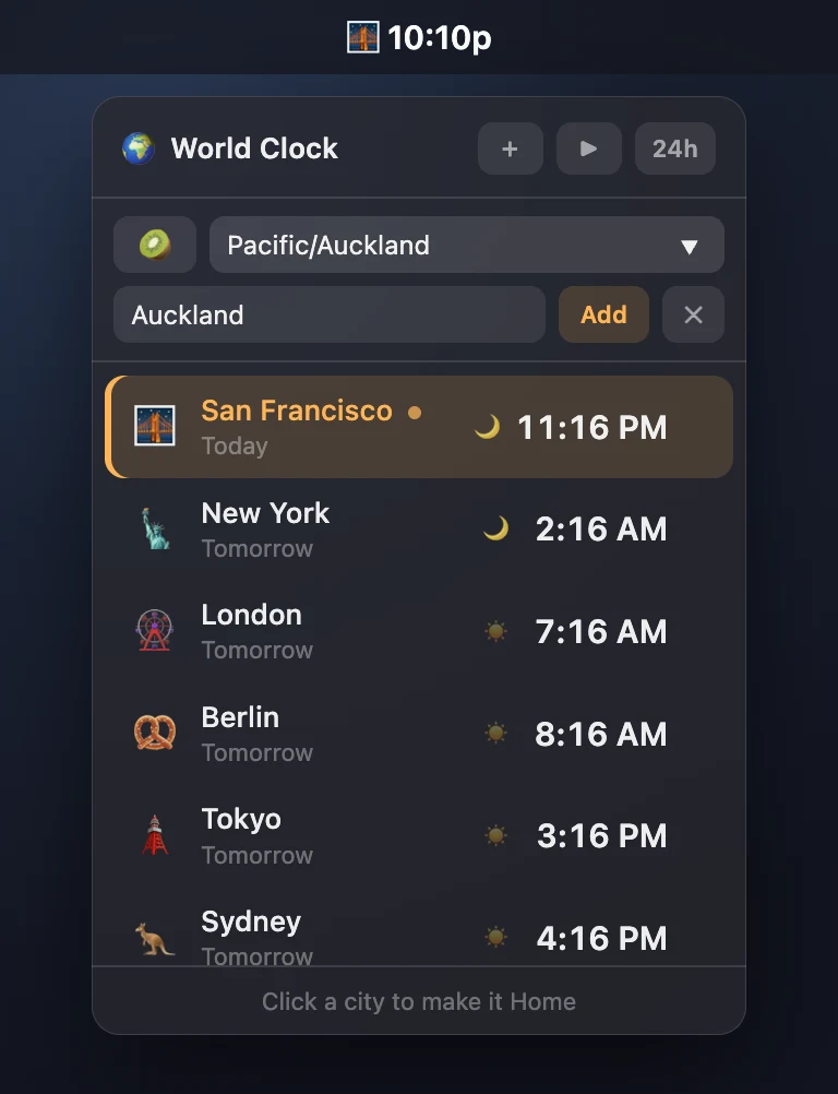 World Clock — a menu-bar panel listing cities with their live times